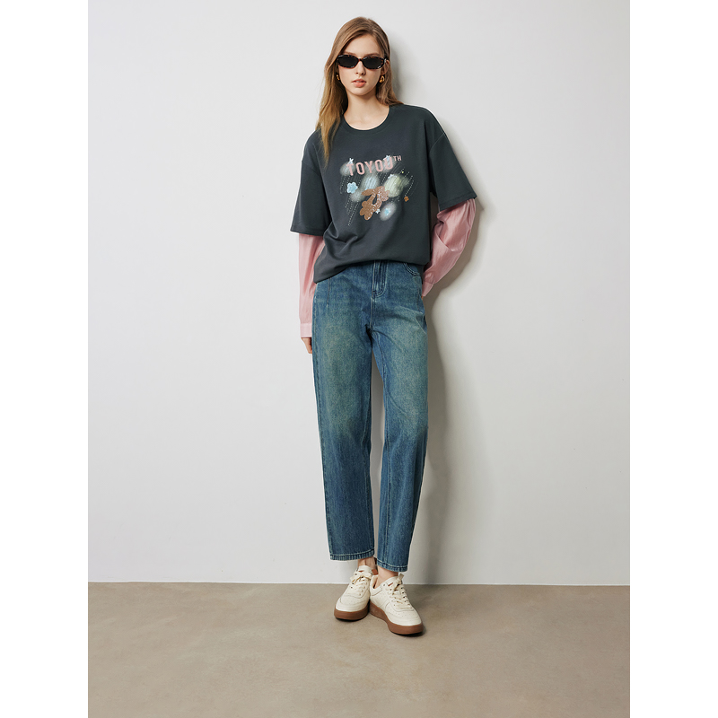 Women's Grey Fake Two-Piece Beaded Embroidered Loose Top with Drop Sleeves - Image 5