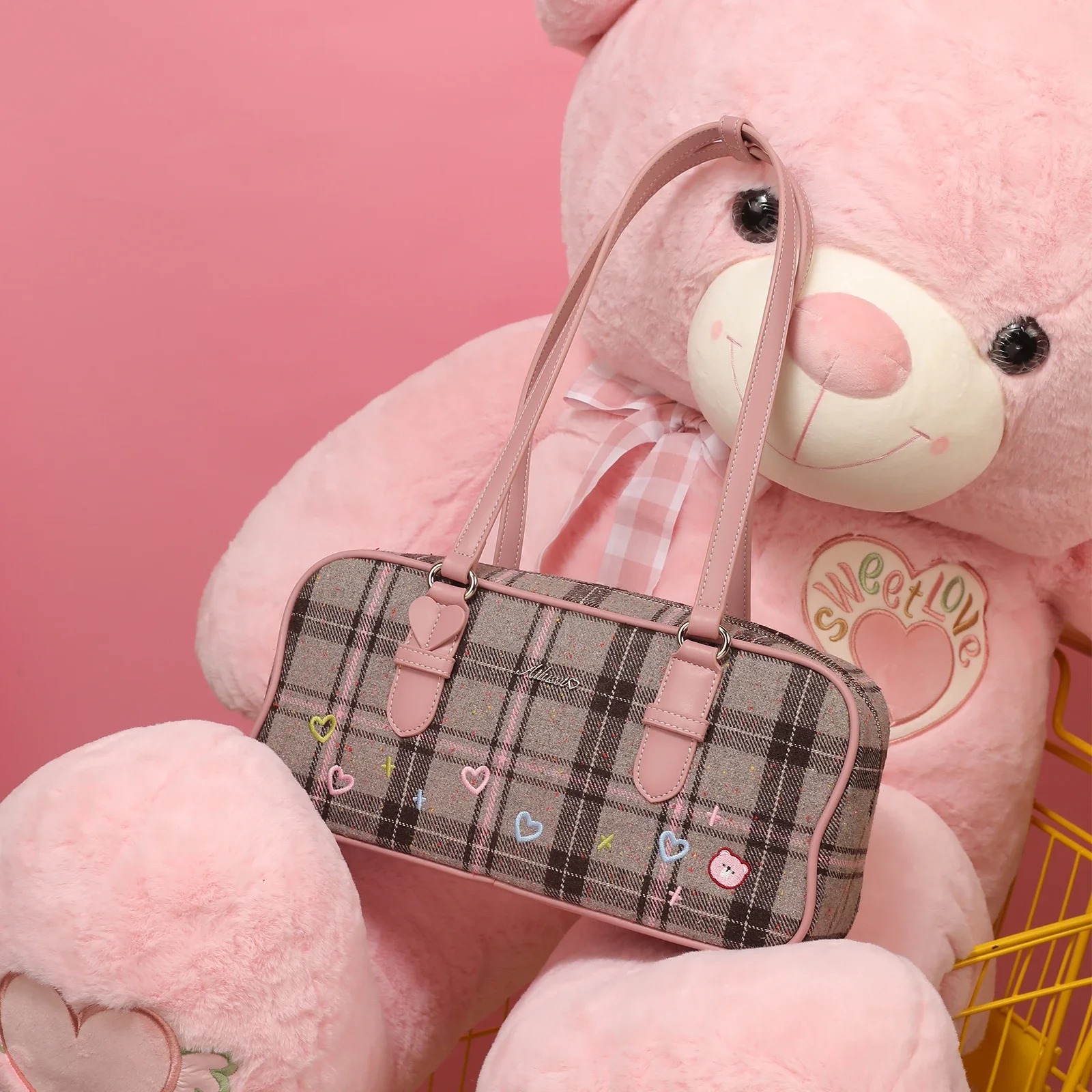 Large Capacity Plaid Wool Bowling Bag with Heart Print