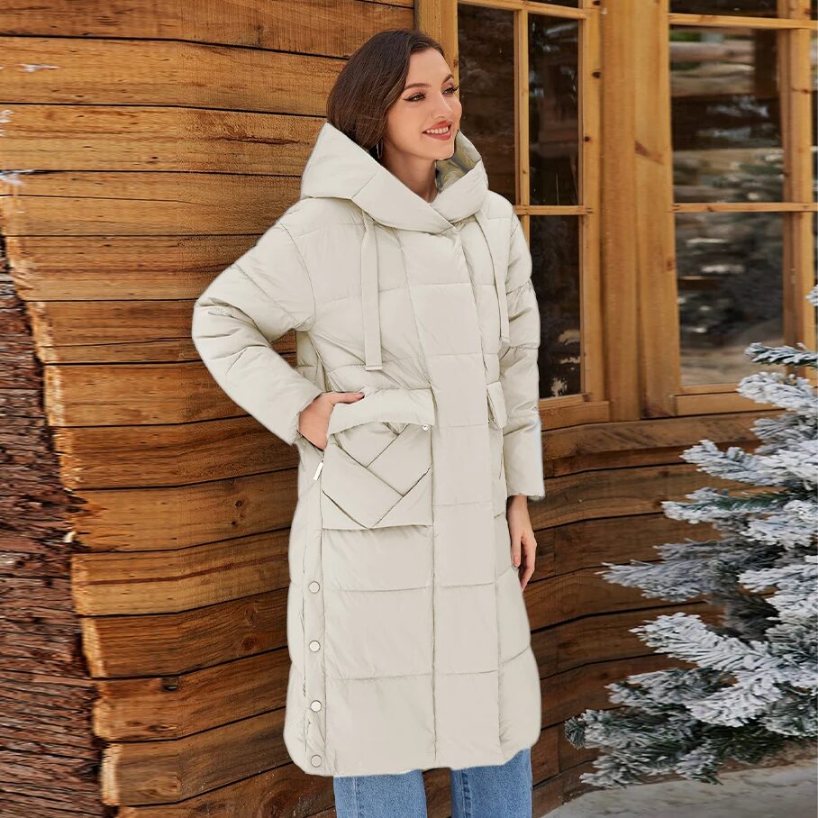 Women's Long Hooded Winter Down Jacket with Belted Design and Zipper Pockets