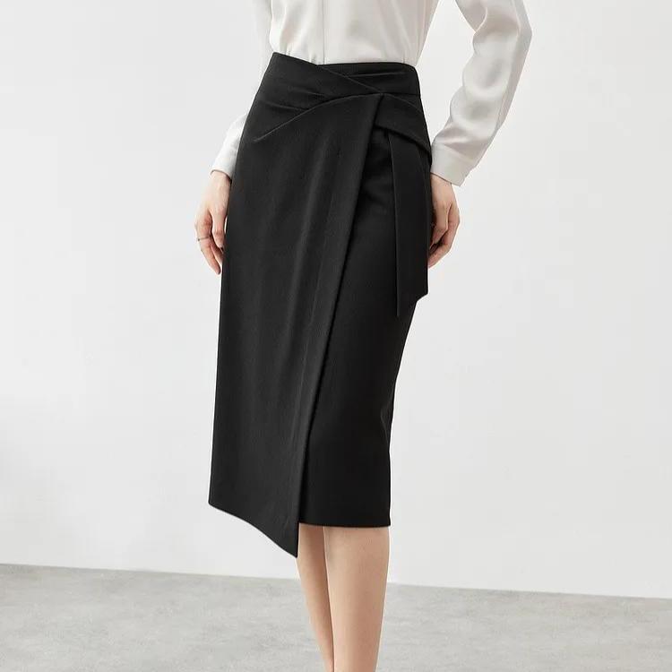 Black Knit High-Waist Midi Skirt with Irregular Split for Women