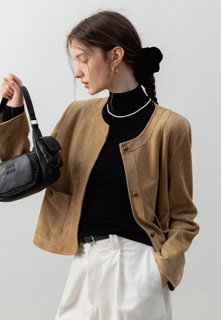 Women's Brown Suede Jacket with Pockets - Image 5