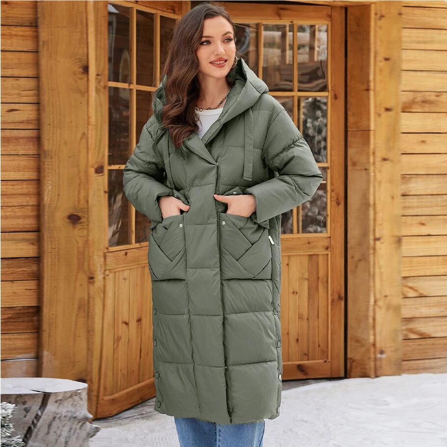 Women's Long Hooded Winter Down Jacket with Belted Design and Zipper Pockets - Image 4