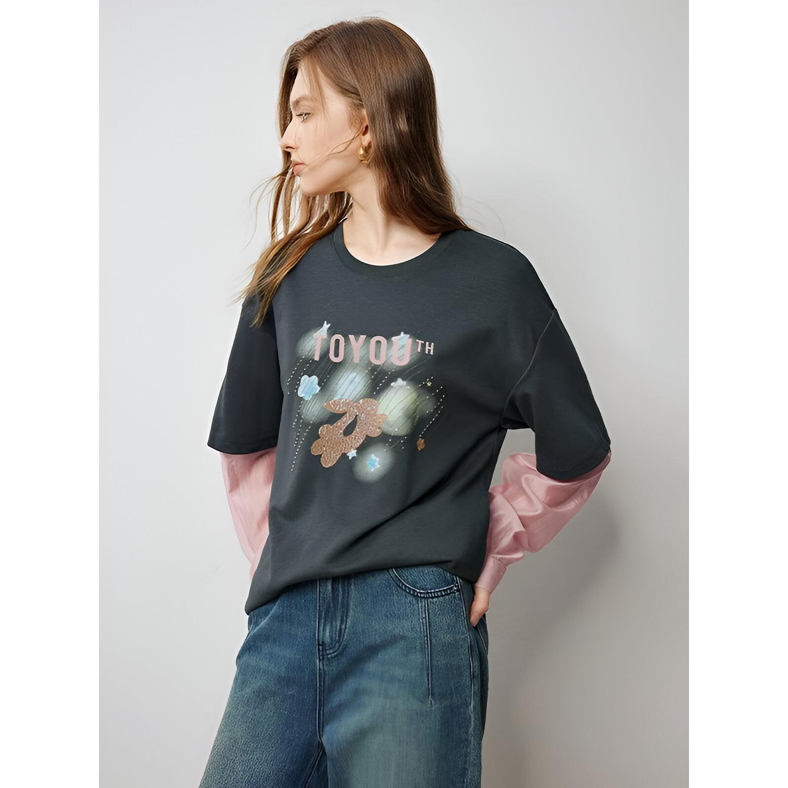 Women's Grey Fake Two-Piece Beaded Embroidered Loose Top with Drop Sleeves - Image 2