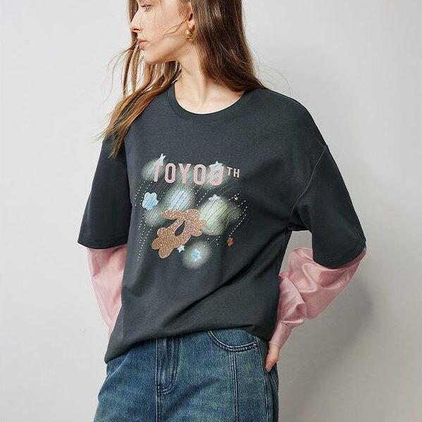 Women's Grey Fake Two-Piece Beaded Embroidered Loose Top with Drop Sleeves