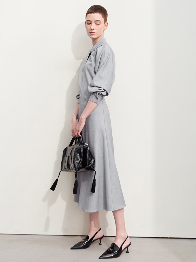 Elegant Stand Collar Twist Pleat Office Dress - Image 3