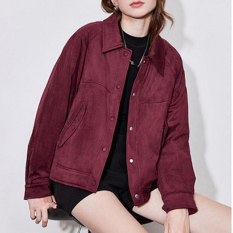Red Suede Turn-Down Collar Winter Jacket with Snap Buttons