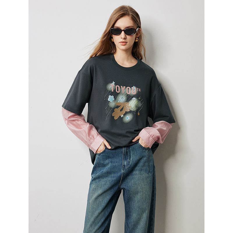 Women's Grey Fake Two-Piece Beaded Embroidered Loose Top with Drop Sleeves - Image 3