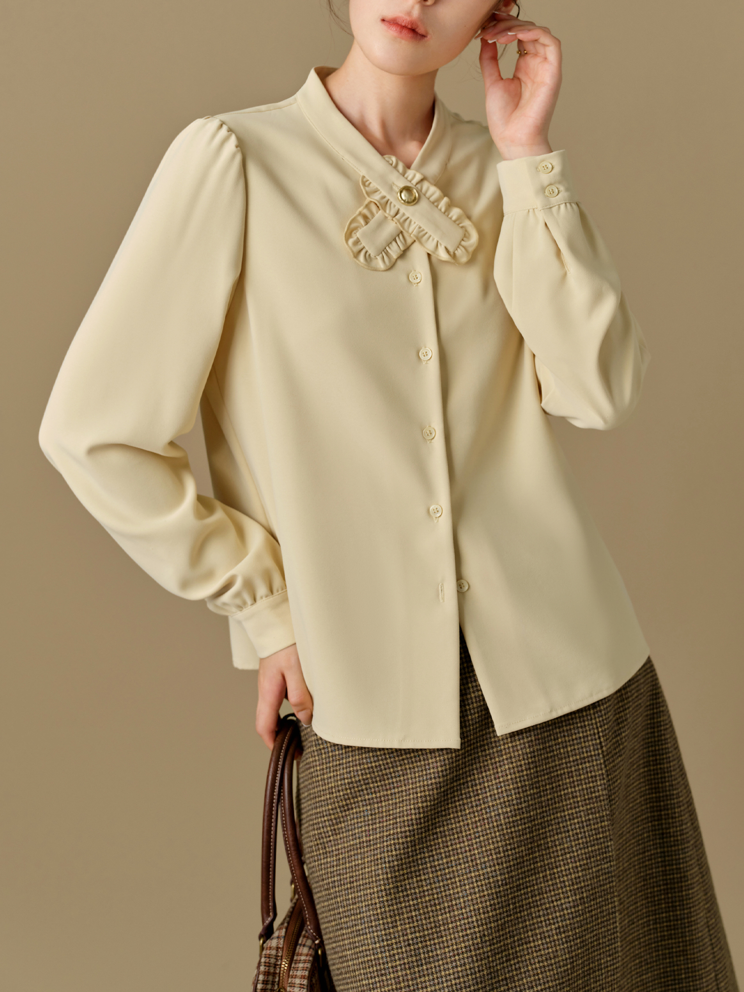 Women’s Winter Long Sleeve Blouse with Ruffled Neckline and Puff Sleeves - Image 2