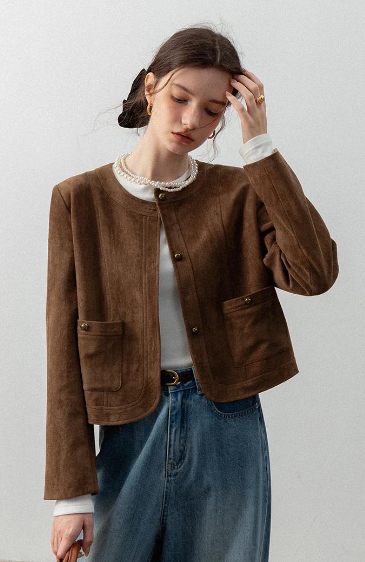 Women's Brown Suede Jacket with Pockets - Image 2