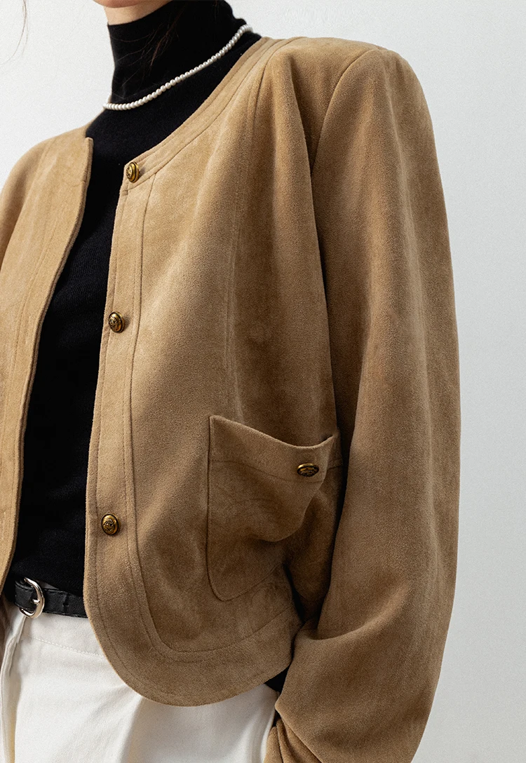 Women's Brown Suede Jacket with Pockets - Image 7