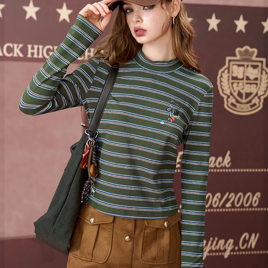 Women's Love Embroidery Half-High Neck Striped Long Sleeve T-Shirt