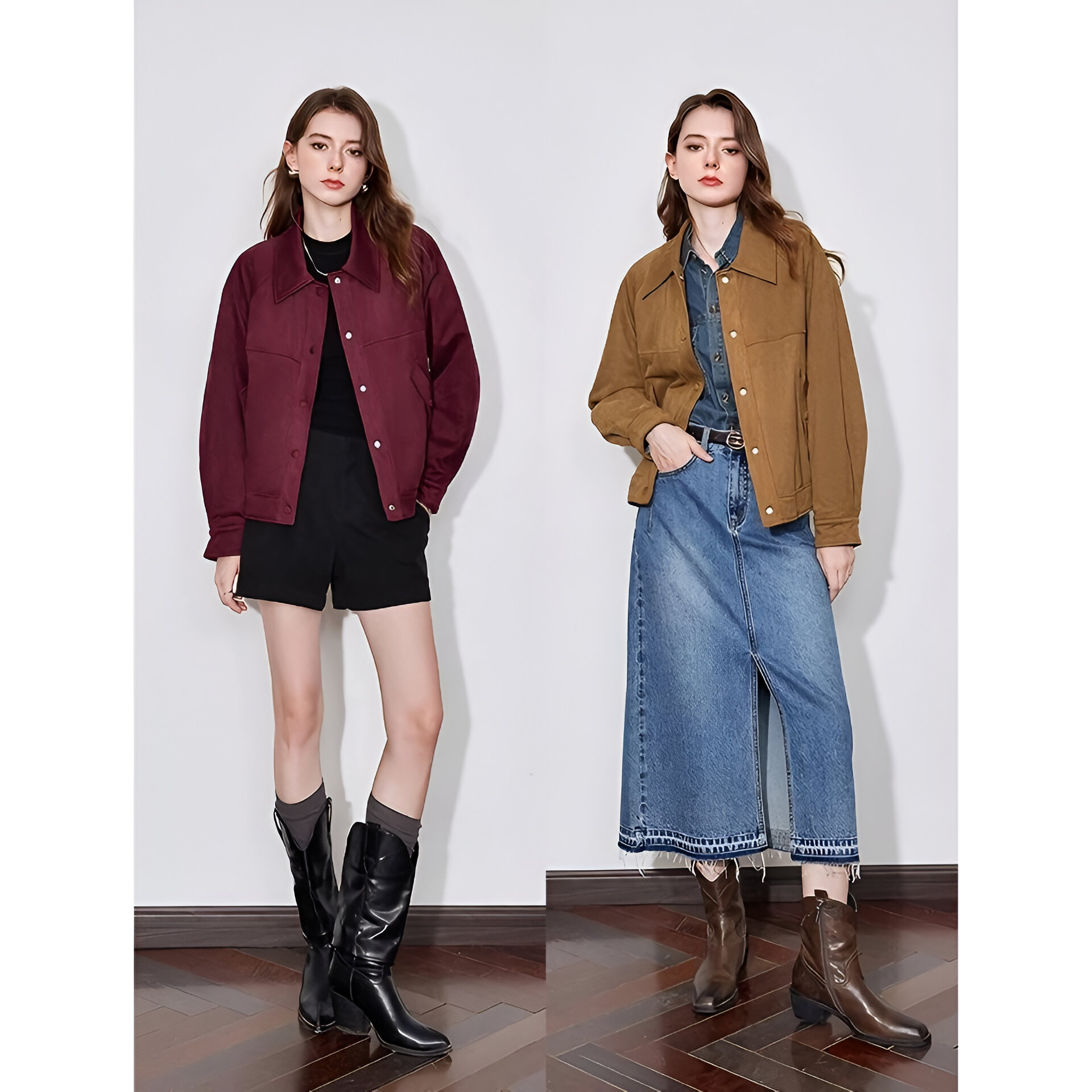 Red Suede Turn-Down Collar Winter Jacket with Snap Buttons - Image 6