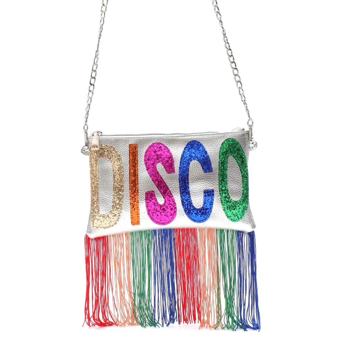Metallic PU Leather Clutch Bag with Sequined Letters and Fringe - Image 6