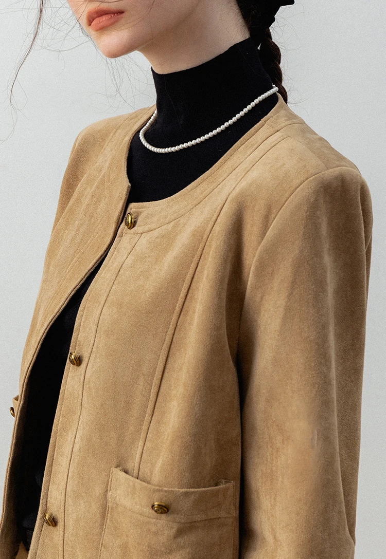 Women's Brown Suede Jacket with Pockets - Image 6