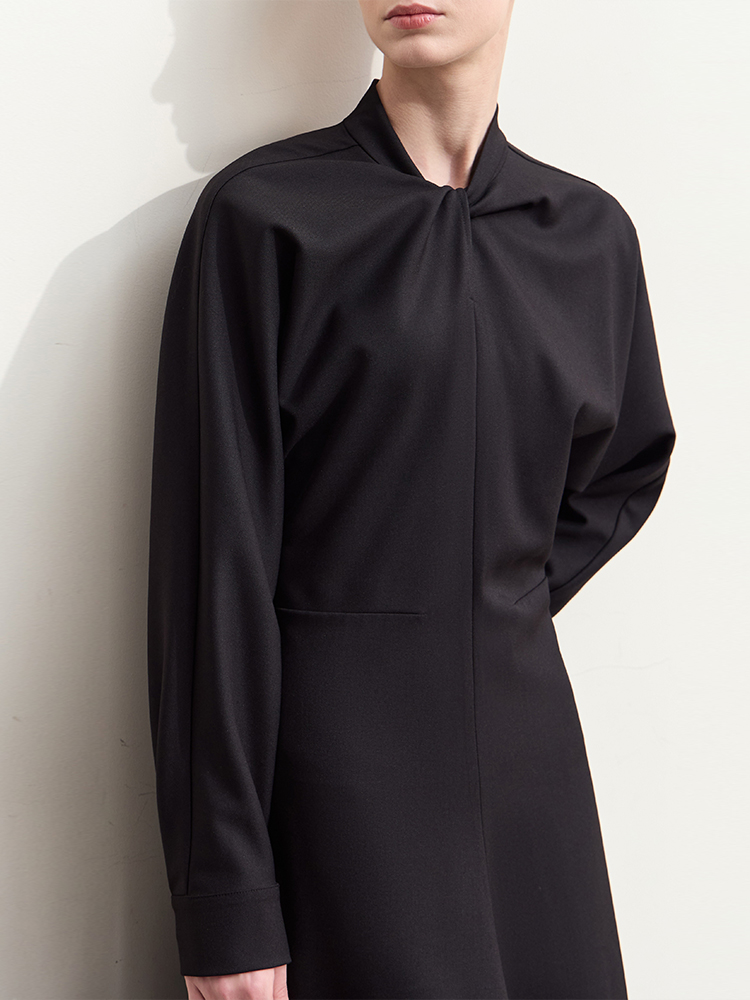 Elegant Stand Collar Twist Pleat Office Dress - Image 6