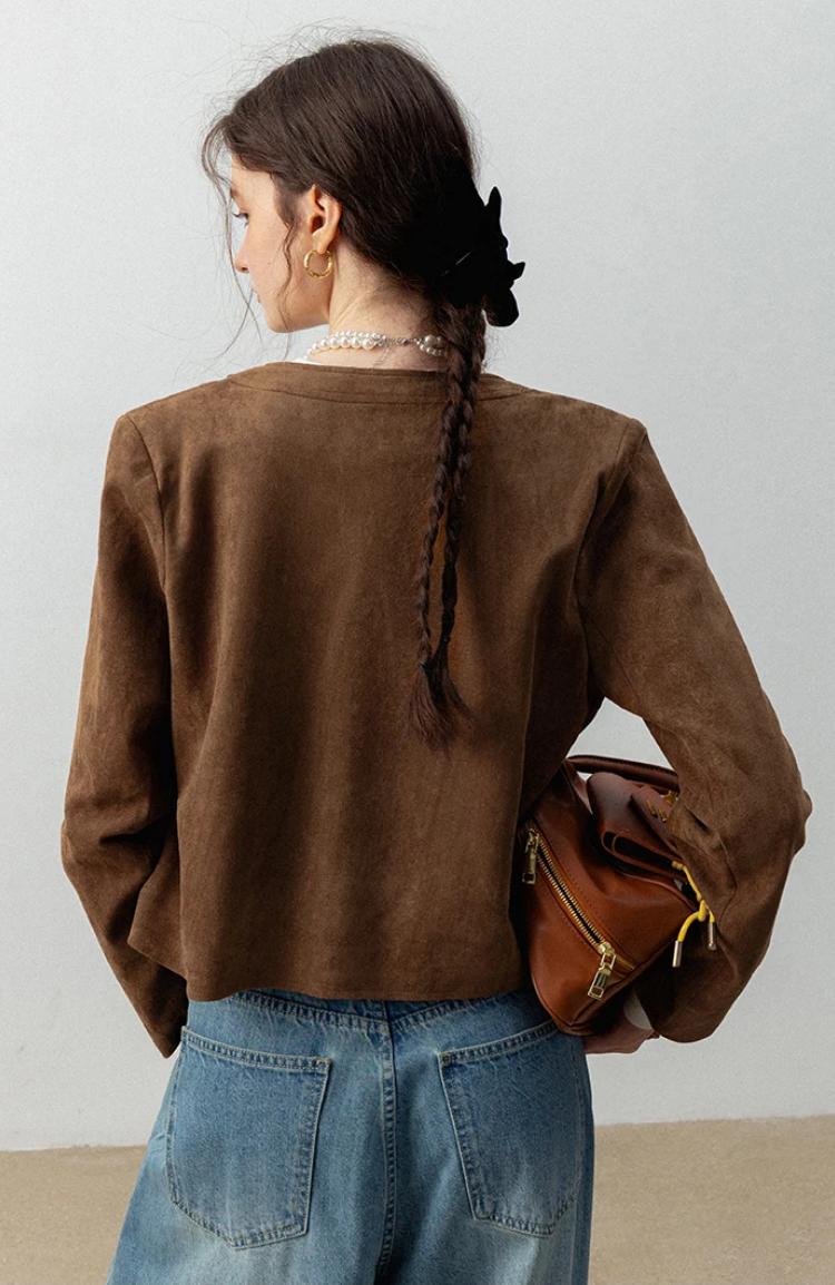 Women's Brown Suede Jacket with Pockets - Image 4
