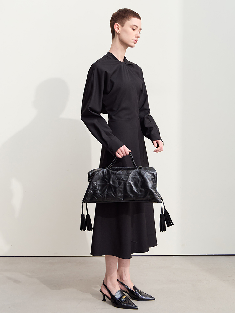 Elegant Stand Collar Twist Pleat Office Dress - Image 5
