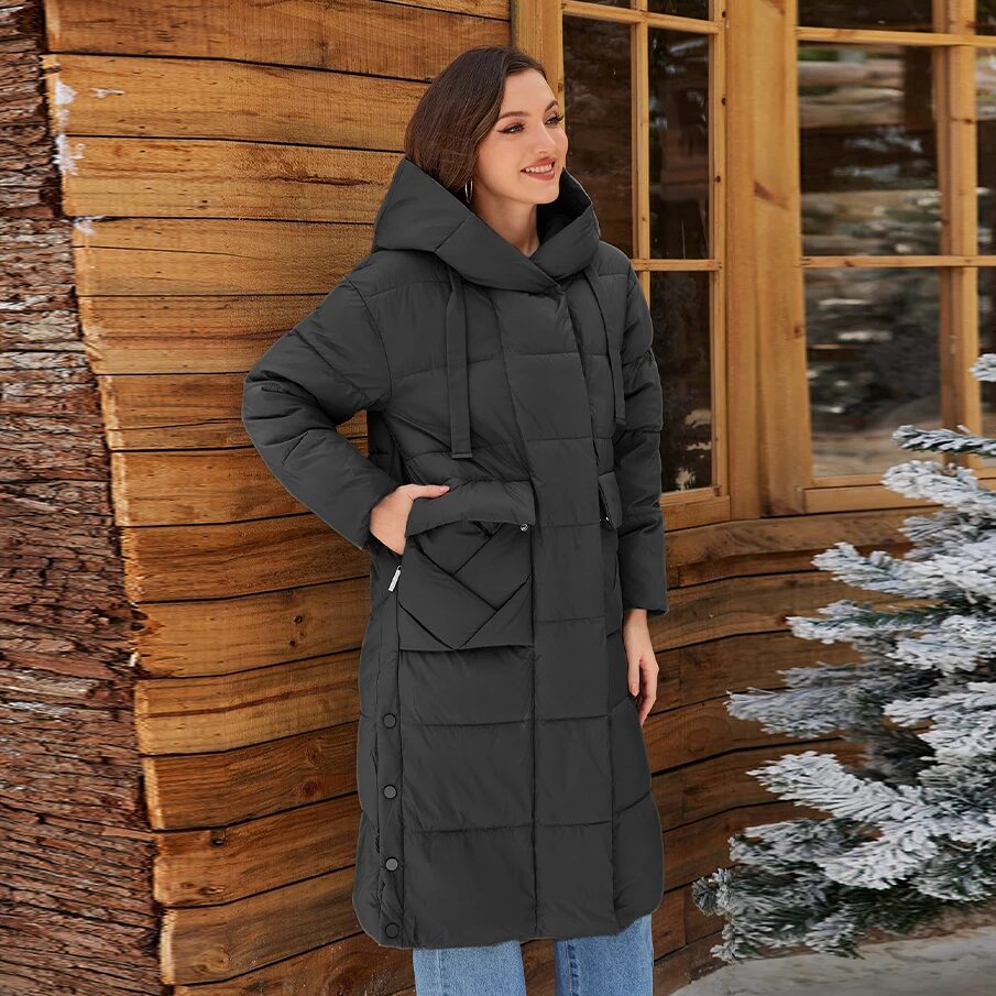 Women's Long Hooded Winter Down Jacket with Belted Design and Zipper Pockets - Image 5