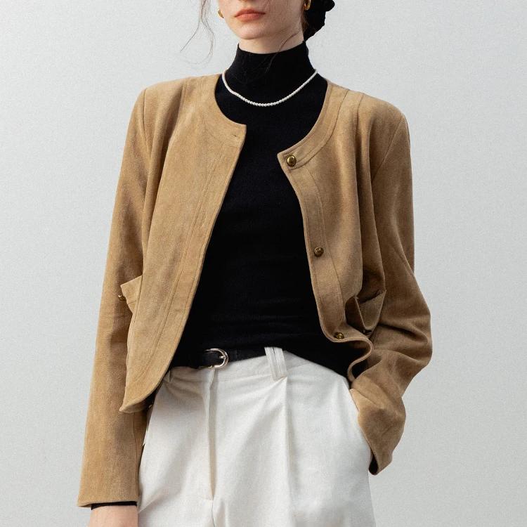 Women's Brown Suede Jacket with Pockets