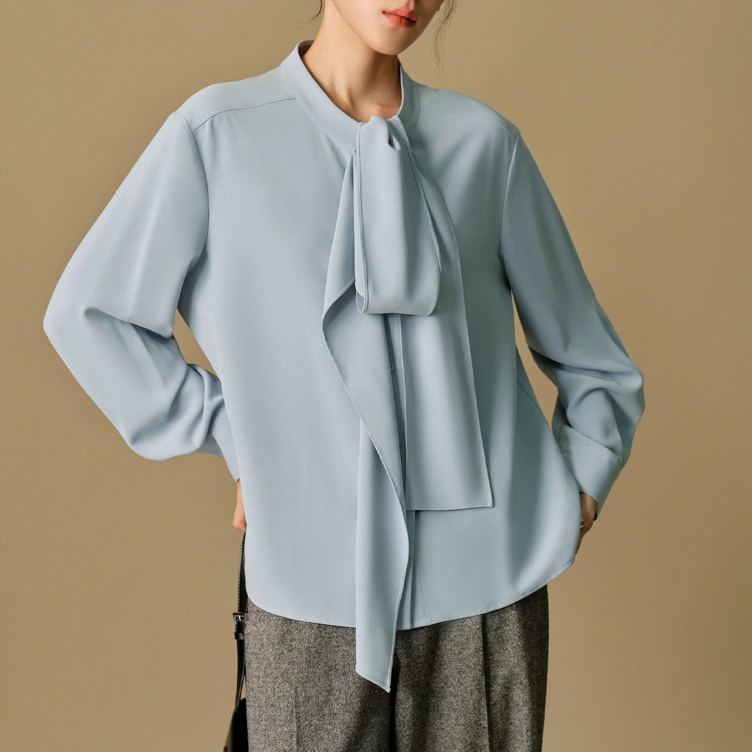 Elegant Winter Long Sleeve Chiffon Blouse with Ribbon Neckline Design