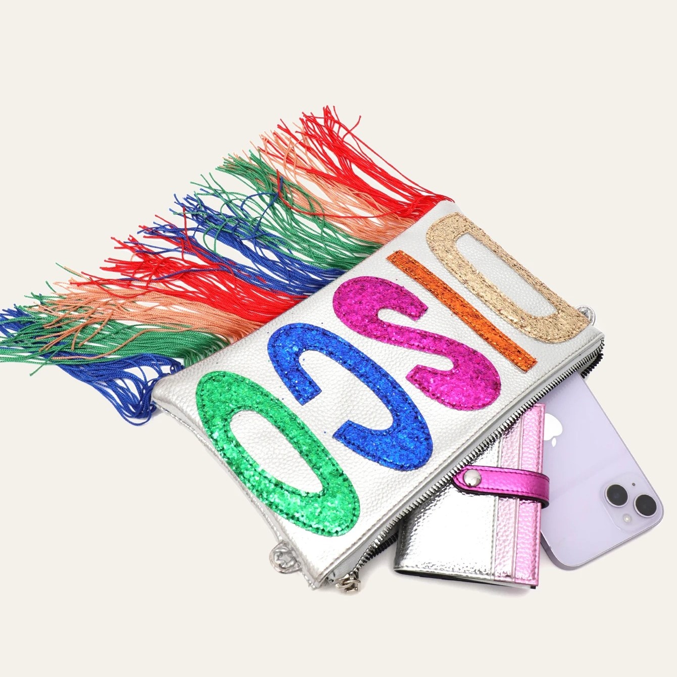 Metallic PU Leather Clutch Bag with Sequined Letters and Fringe - Image 4
