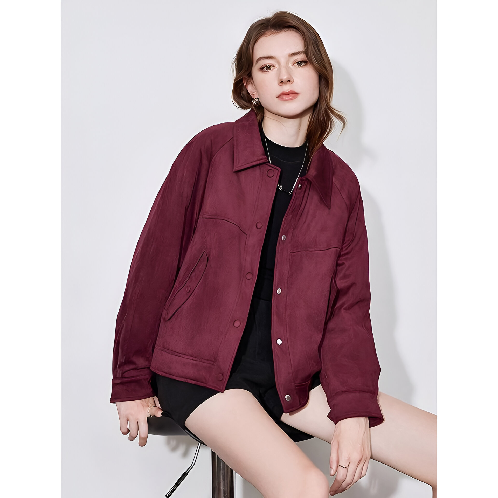 Red Suede Turn-Down Collar Winter Jacket with Snap Buttons - Image 3