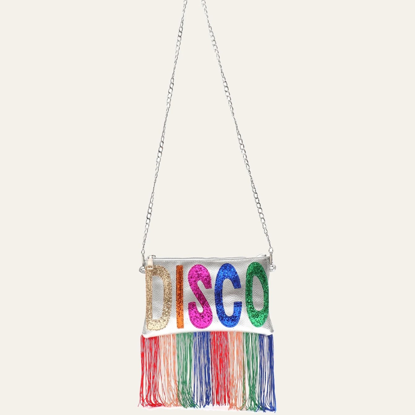 Metallic PU Leather Clutch Bag with Sequined Letters and Fringe - Image 3