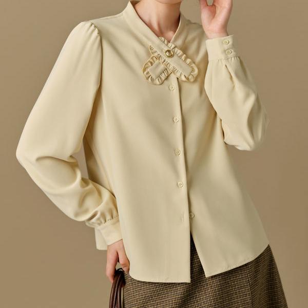 Women’s Winter Long Sleeve Blouse with Ruffled Neckline and Puff Sleeves