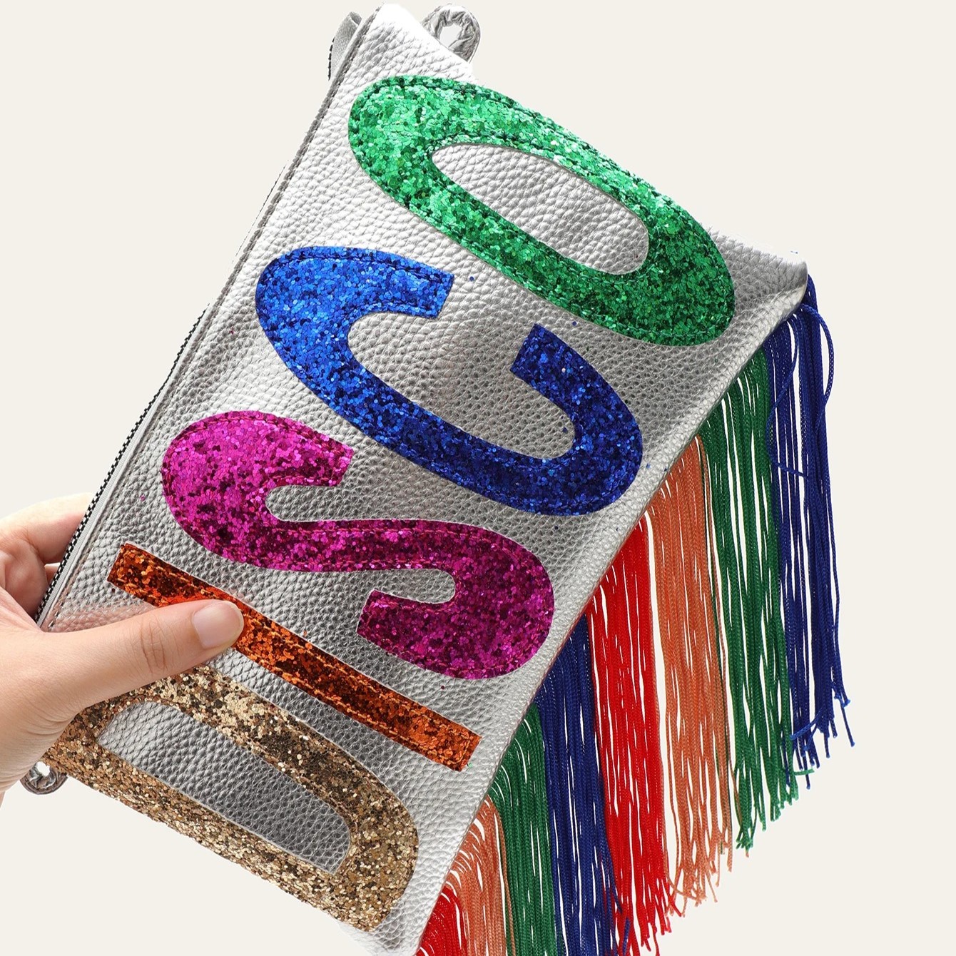 Metallic PU Leather Clutch Bag with Sequined Letters and Fringe - Image 5