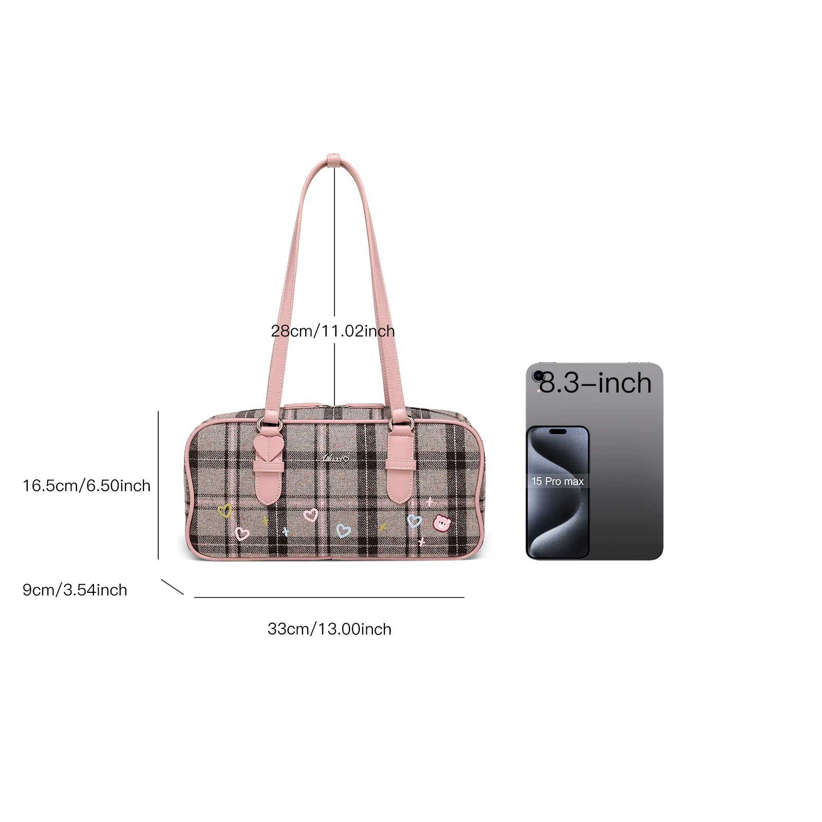 Large Capacity Plaid Wool Bowling Bag with Heart Print - Image 8