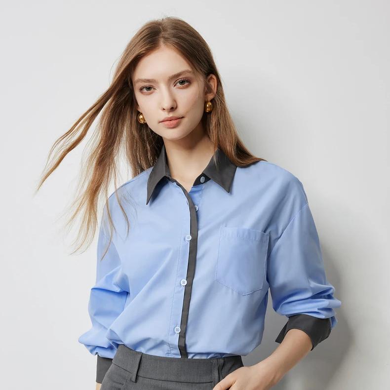Women's Long Sleeve Color Block Polo Neck Loose Blouse