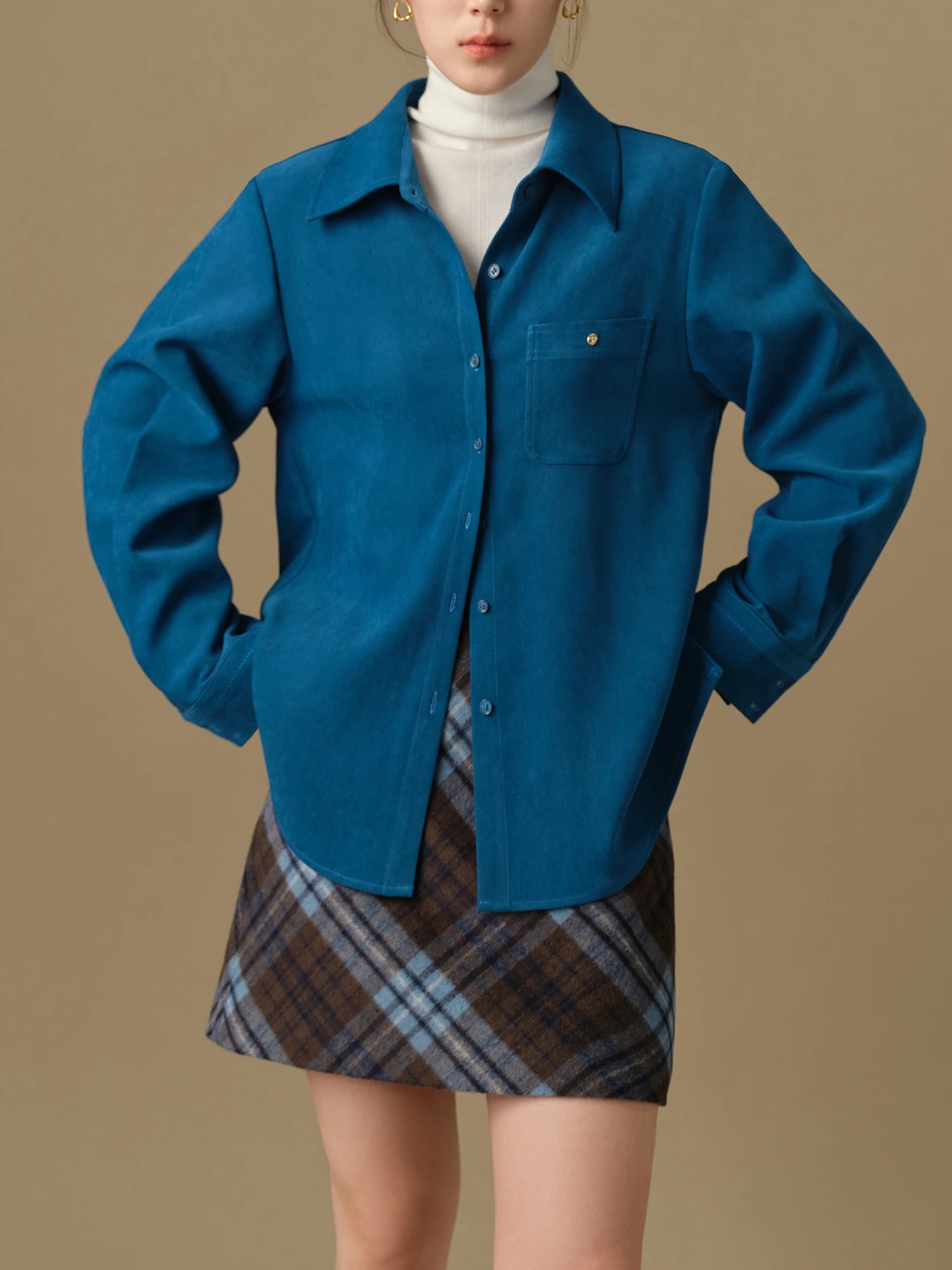 Women’s Winter Flannel Polo Neck Long Sleeve Blouse Shirt Coat - Image 6