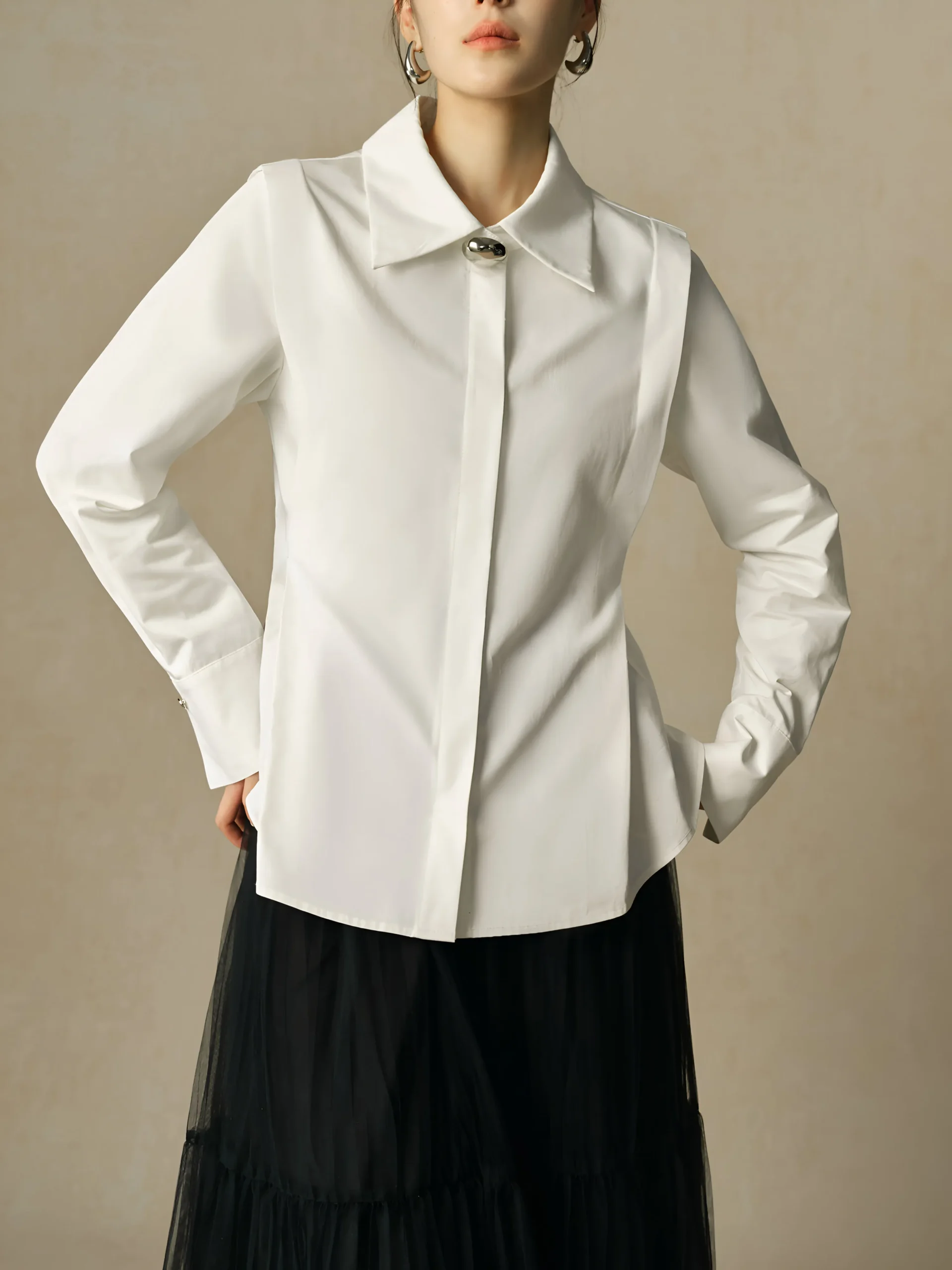 Women’s Slim Fit White Polo Neck Blouse - Image 2