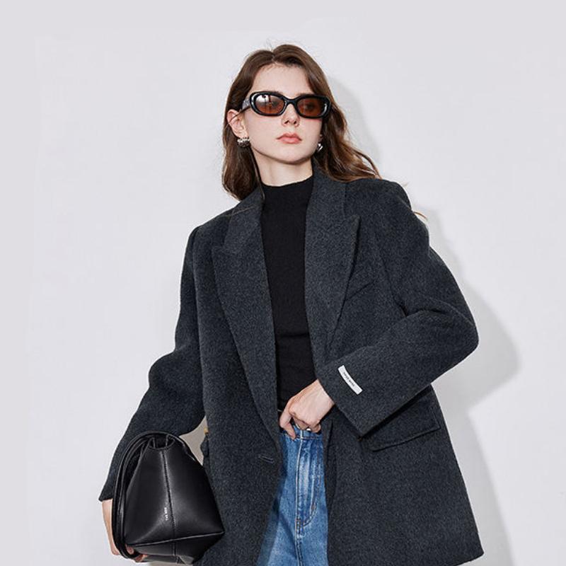 Women’s Double-Sided Woolen Coat - Camel Silk Lapel, Mid-Length Luxury Suit Coat