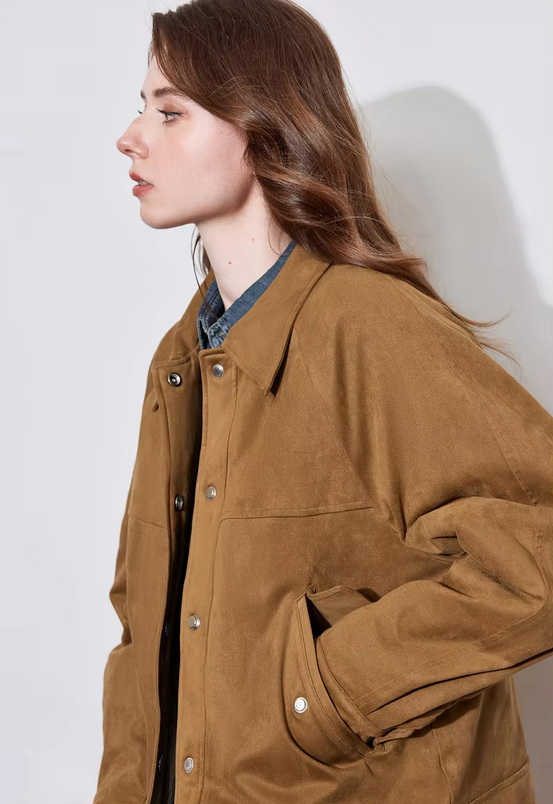 Red Suede Turn-Down Collar Winter Jacket with Snap Buttons - Image 4