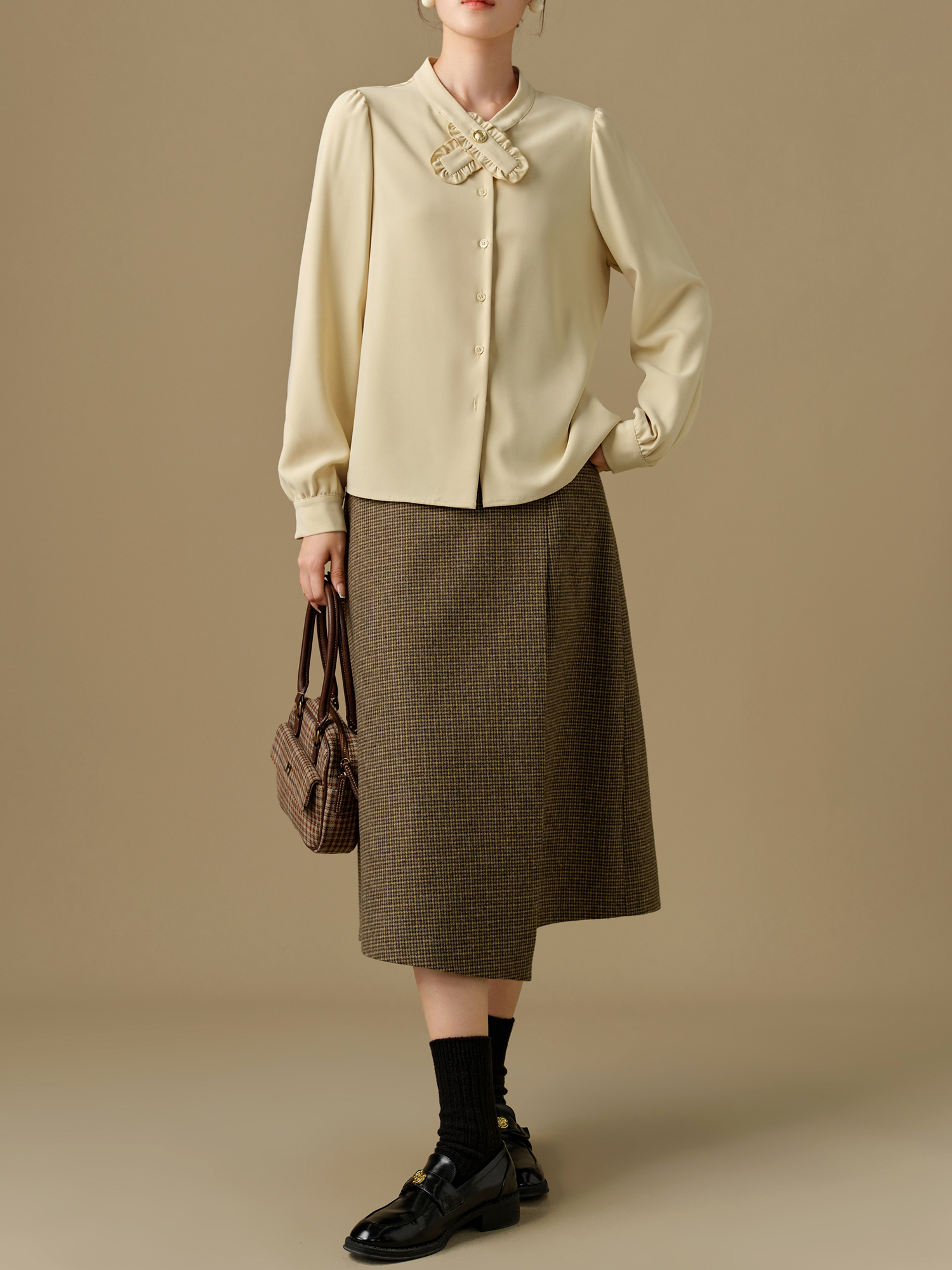 Women’s Winter Long Sleeve Blouse with Ruffled Neckline and Puff Sleeves - Image 3