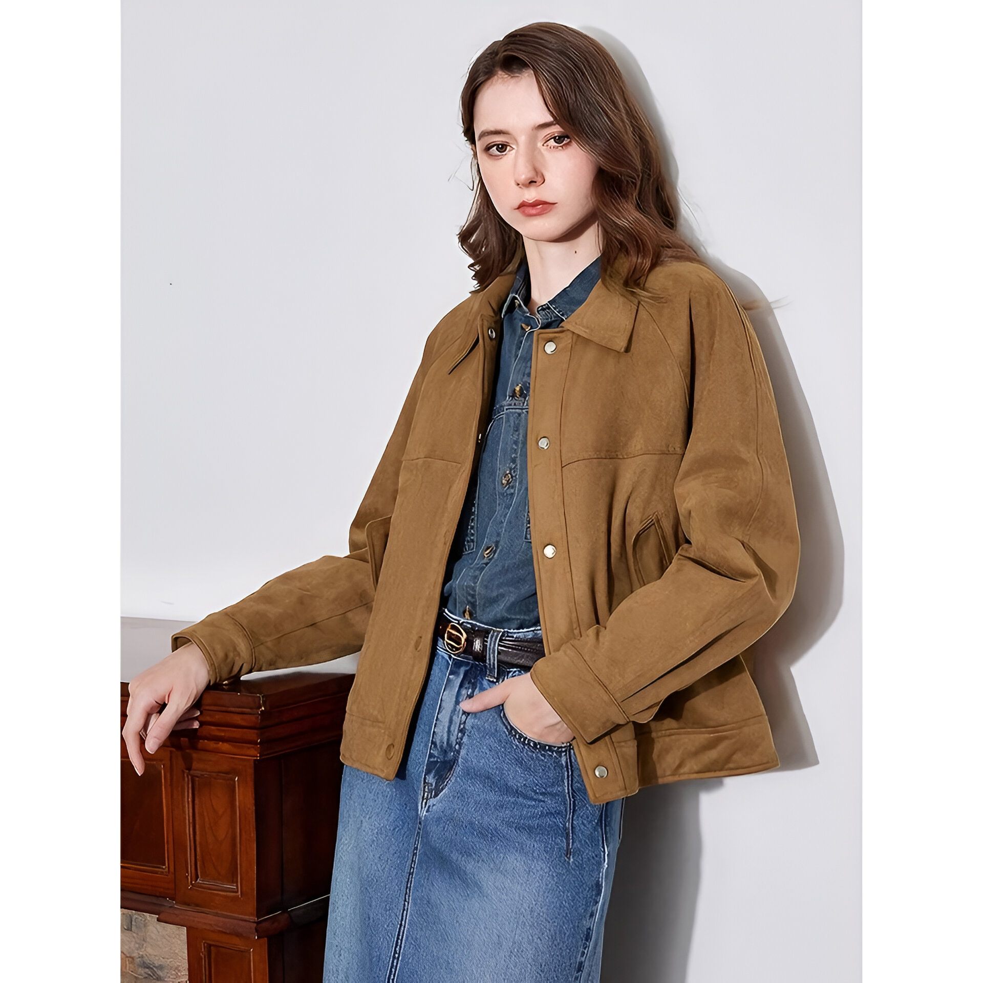 Red Suede Turn-Down Collar Winter Jacket with Snap Buttons - Image 5