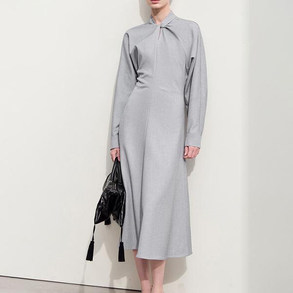 Elegant Stand Collar Twist Pleat Office Dress