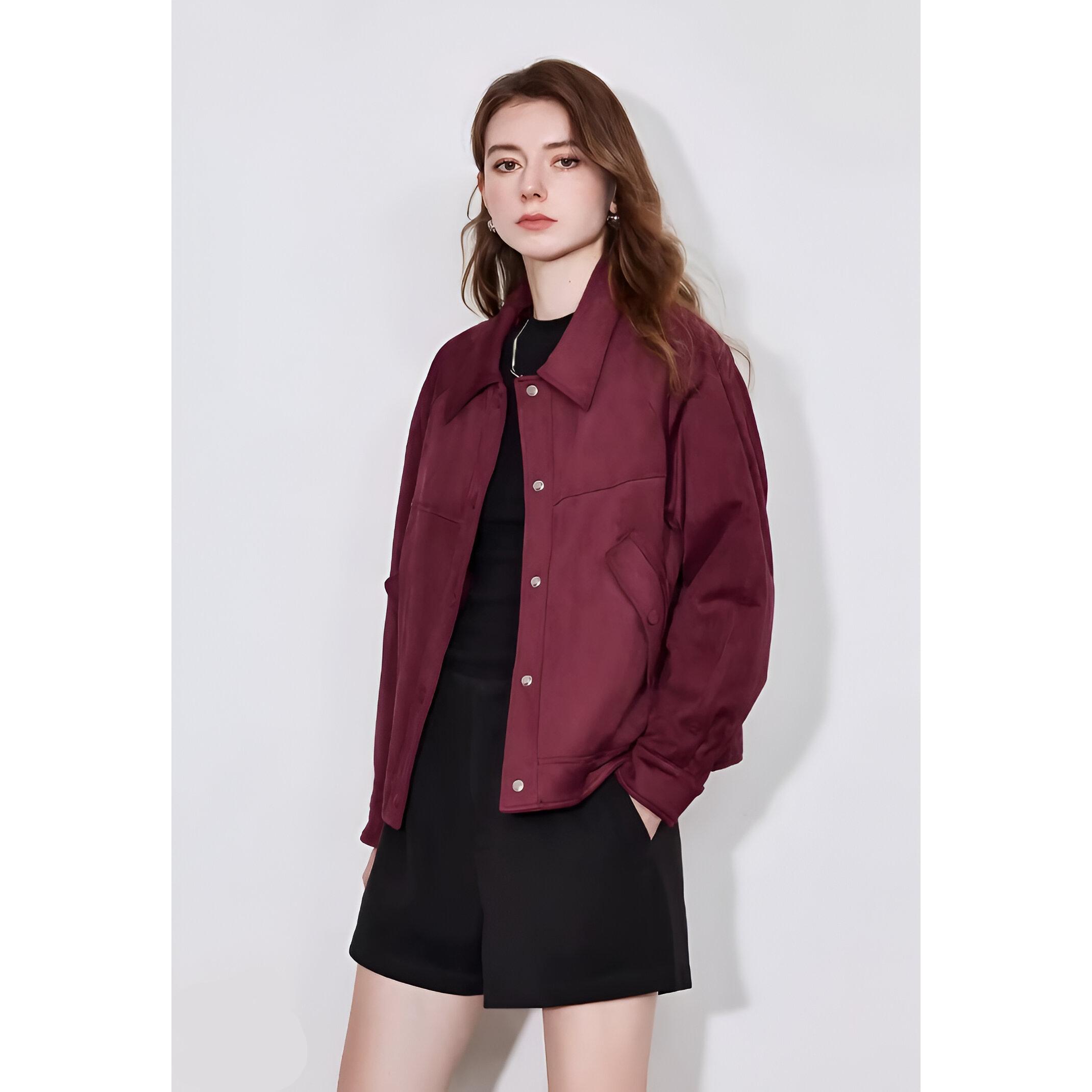 Red Suede Turn-Down Collar Winter Jacket with Snap Buttons - Image 2