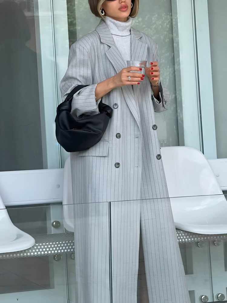 Elegant Stripe Print Long Winter Trench Coat - Image 5