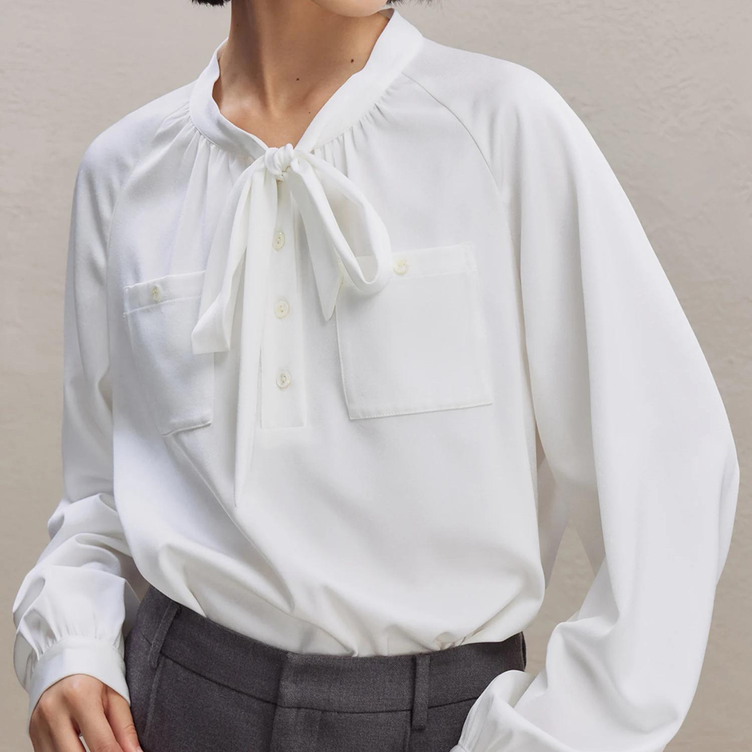 French Retro White Ribbon Shirt for Women - Office Lady Top