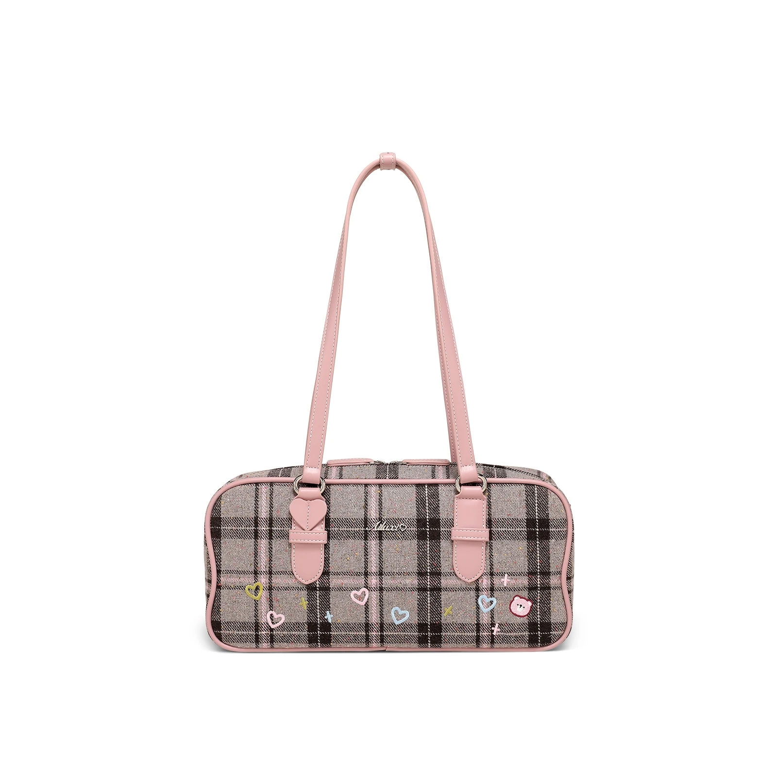 Large Capacity Plaid Wool Bowling Bag with Heart Print - Image 7