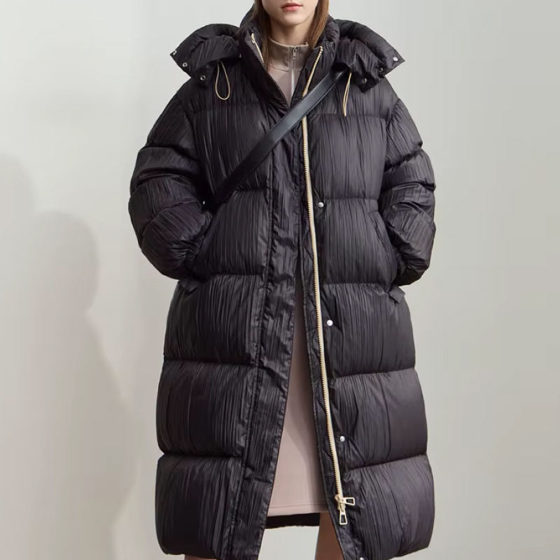 Minimalist Women's Winter Down Jacket with Detachable Hood & Pleated Texture