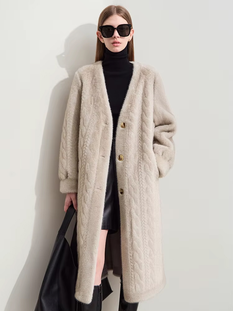 Faux Fur Long V-Neck Coat with Imitation Mink Embossing - Image 5