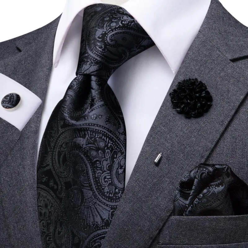Luxury Paisley Silk Necktie Set with Pocket Square & Cufflinks