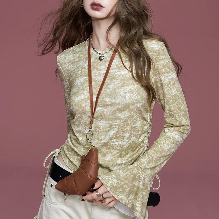 Khaki Sexy Tie-Dye Slim Fit Pleated Trumpet Sleeve T-Shirt for Women