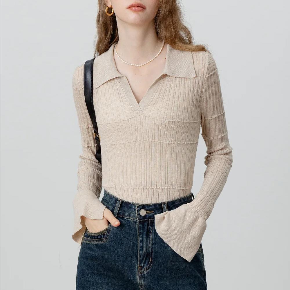 V-Neck Knit Flare Sleeve Slim Fit Long Sleeve Top for Women