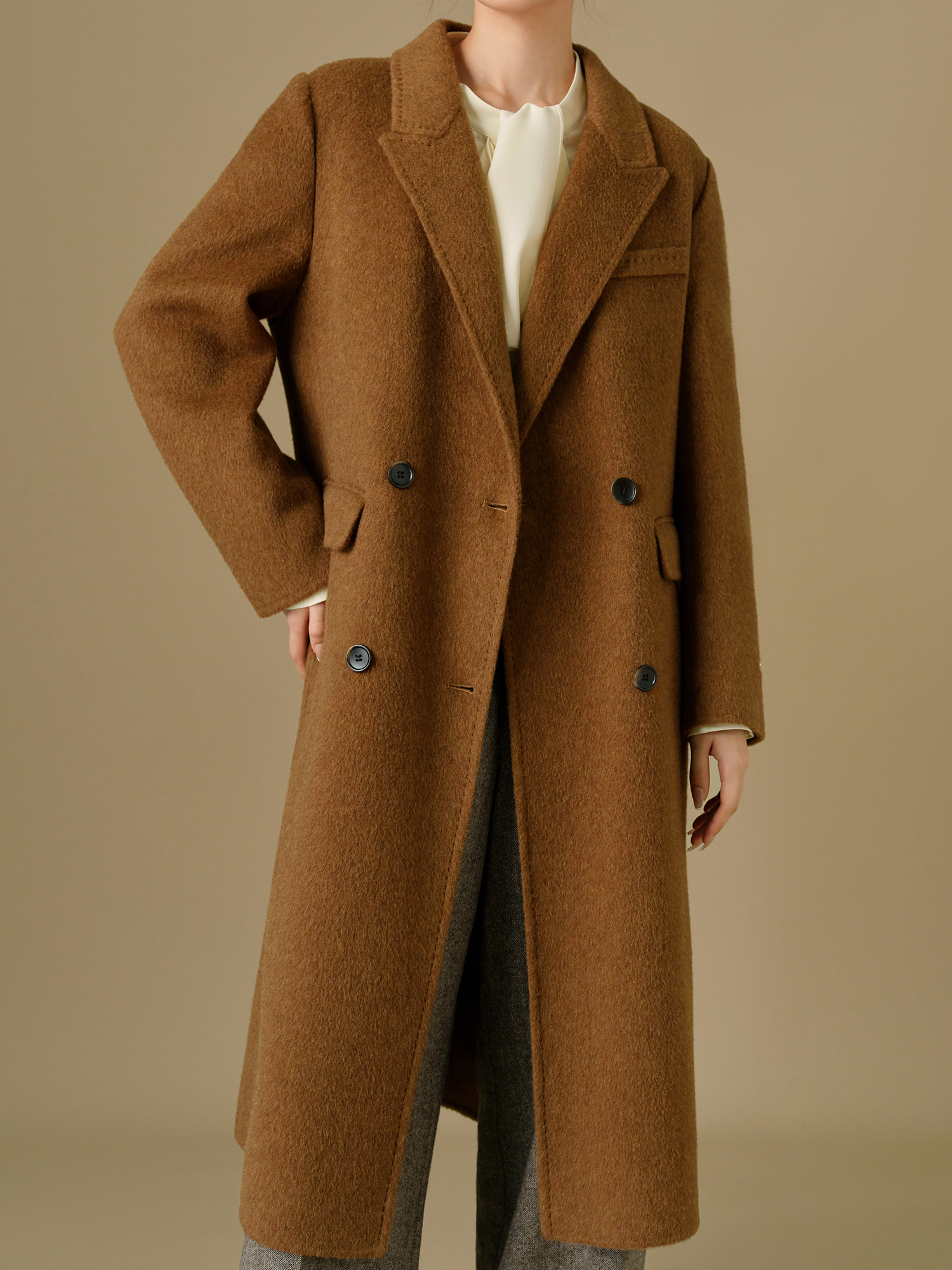 81.1% Wool Yak Blend Women's Double-Faced Long Winter Coat, Plus Size - Image 2
