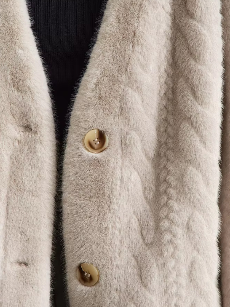 Faux Fur Long V-Neck Coat with Imitation Mink Embossing - Image 6