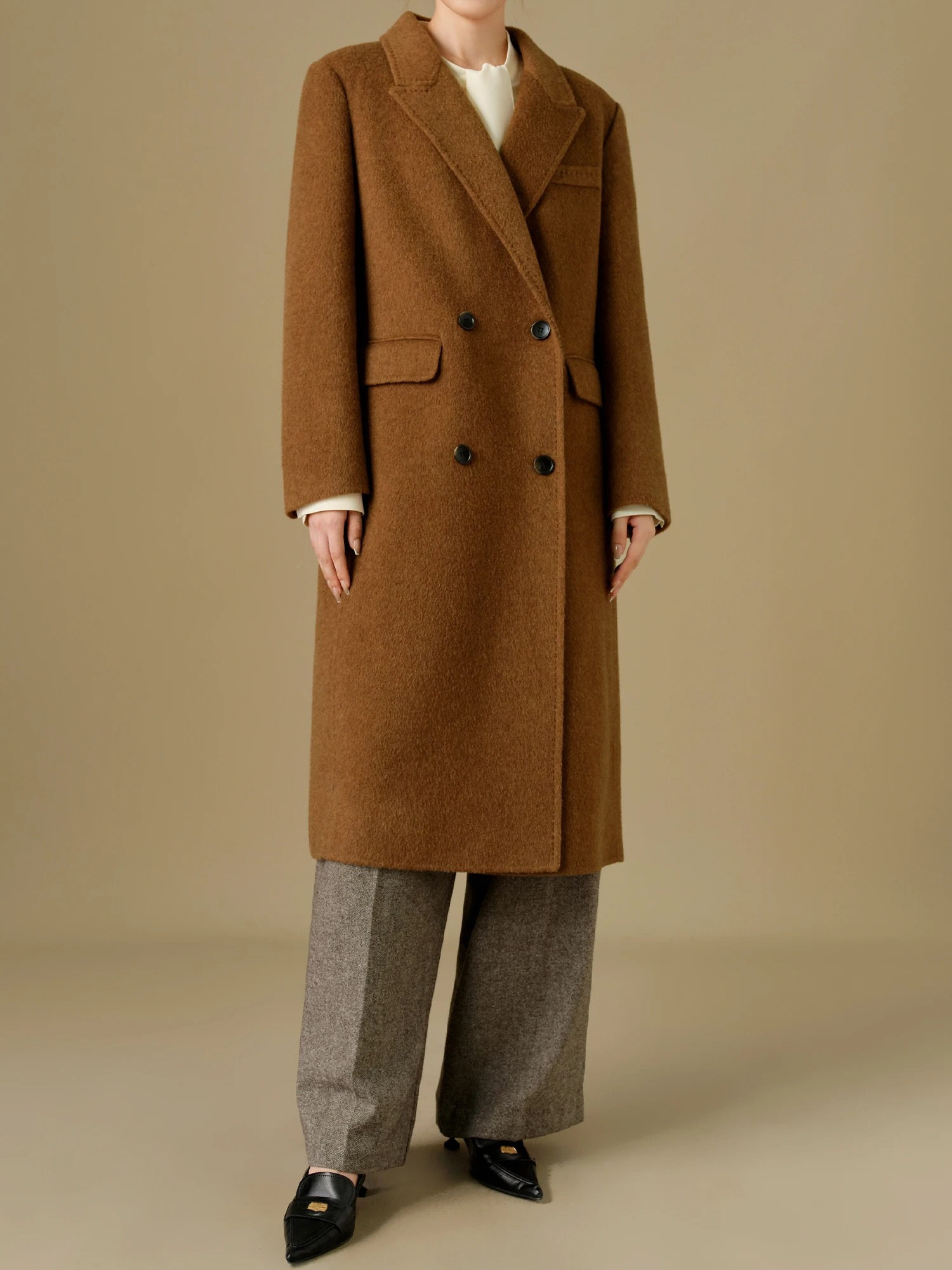 81.1% Wool Yak Blend Women's Double-Faced Long Winter Coat, Plus Size - Image 4
